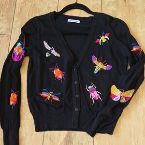 Medium - Embroidered Bug Motif Black V-Neck Cardigan Sweater